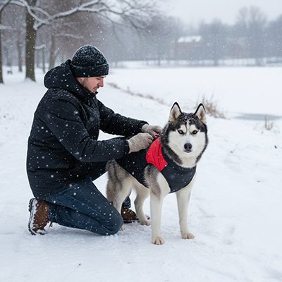 Chien assis en manteau Chien Anorak bicolore rouge dans la neige avec son maitre