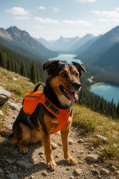 chien assis en montagne avec harnais chien orange