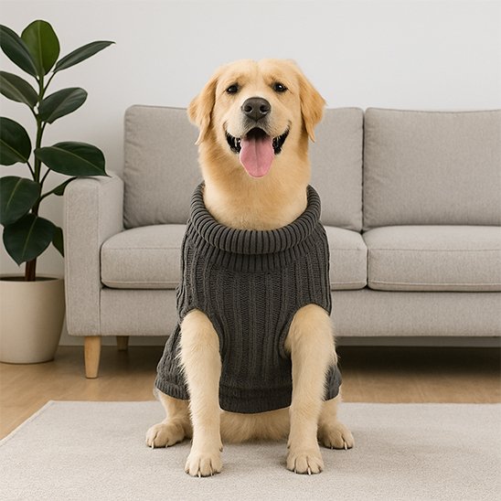 Chien assis en pull pour chien Montagne marine dans salon