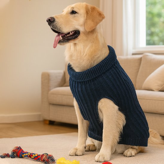 Chien assis en pull pour chien Montagne marine sur tapis 