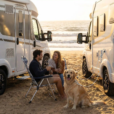 chien attaché a la longe chien metal robuste devant un camping car avec ses maitres