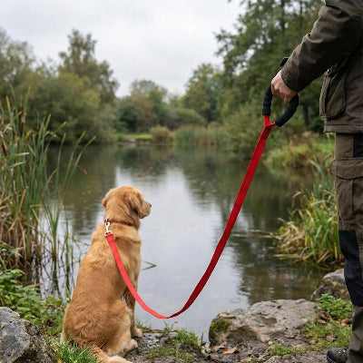 chien attaché en longe chien Explorateur rouge au bord du lac avec son maitre 
