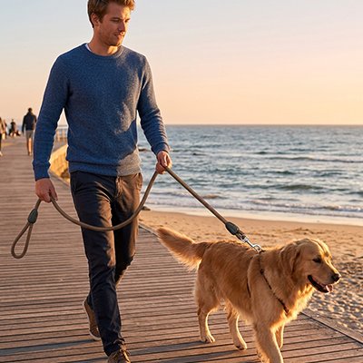 Chien au bord de la mer en longe pour chien Piste Libre Brun avec son maitre