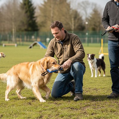 Chien au dressage avec jouets pour chien Canéo Bleu et son maitre