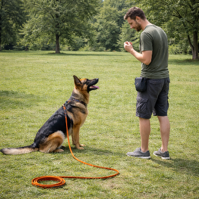 chien au dressage en longe pour chien Active Door Orange au Parc avec son maitre