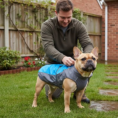 Chien au jardin en imperméable pour chien​ Elégance étanche bleu avec son maitre