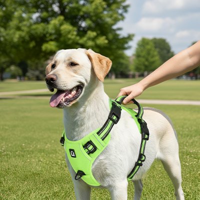 Chien au parc avec harnais chien anti traction Tactique Pro vert