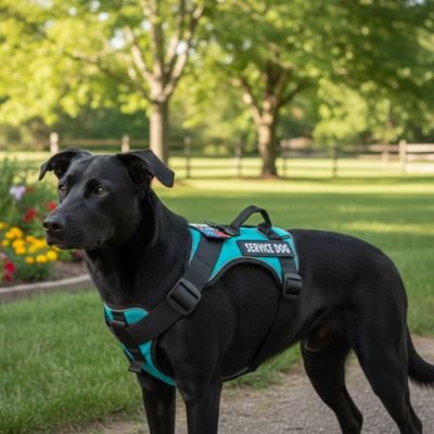 Chien au parc avec harnais pour porter un chien Compagnon urbain vert