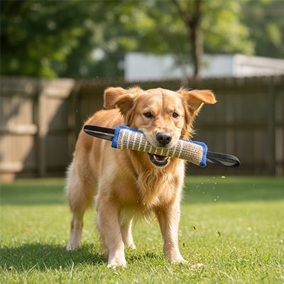 Chien au parc avec jouets pour chien Canéo Bleu