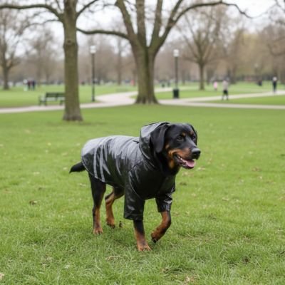 Chien au parc avec manteau pour Chien imperméable Ciré étanche noir sous la pluie