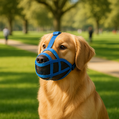 chien au parc avec museliere pour chien museau Doux bleu