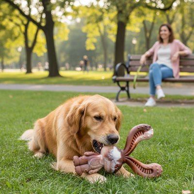 chien au parc avec sa maitresse avec jouet indestructible pour Chien Croq'Chien lapin