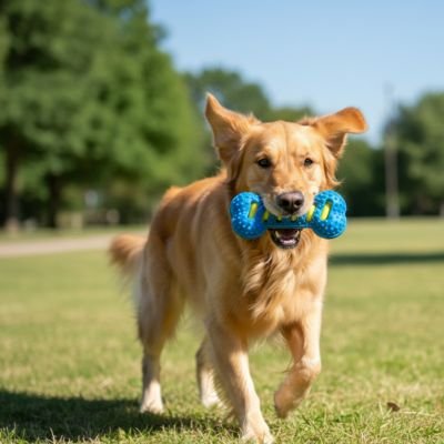 chien au parc avec son Jouet indestructible pour chien DentiJouet Bleu