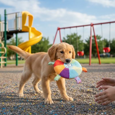 chien au parc avec son jouet pour chien Teddy dans la gueule