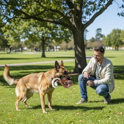chien au parc avec son maitre avec jouet indestructible pour Chien Croq'Chien lapin