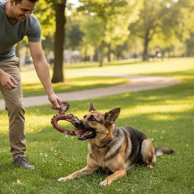 chien au parc avec son maitre avec jouet indestructible pour Chien Croq'Chien crabe