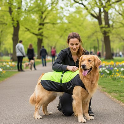 Chien au parc en imperméable pour chien​ Elégance étanche vert avec sa maitresse