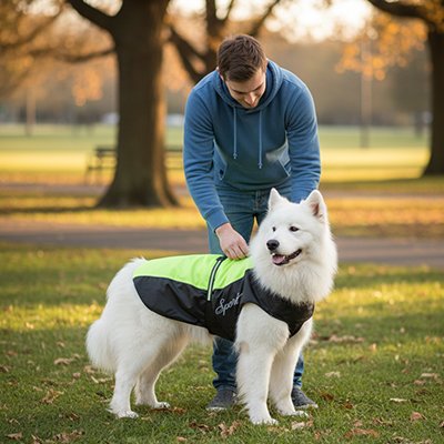 Chien au parc en imperméable pour chien​ Elégance étanche vert avec son maitre