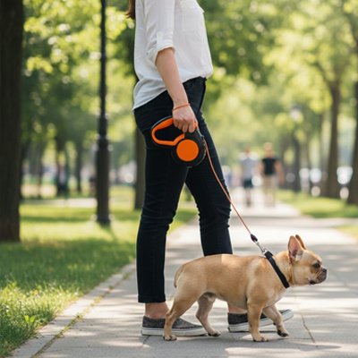 Chien au parc en laisse enrouleur pour chien Rétractable Sécurité orange