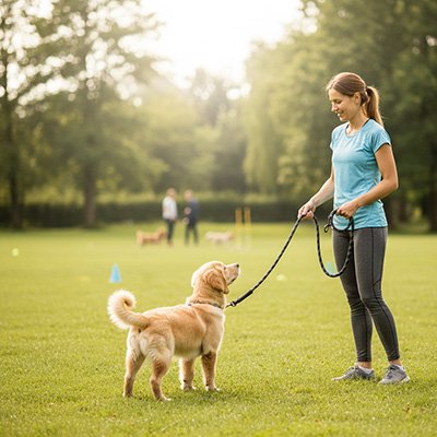 chien au parc en longe pour chien Liberté noir avec sa maitresse