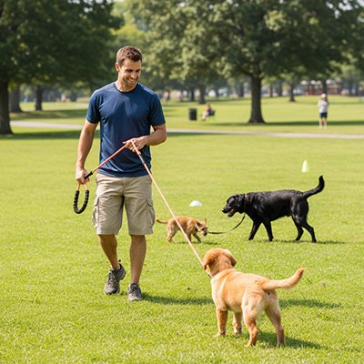 chien au parc en longe pour chien Liberté orange avec son maitre
