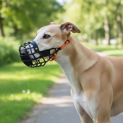 Chien au parc en muselière pour chien​ Protection Ultime noir