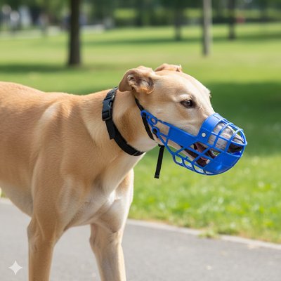 Chien au parc en muselière pour chien​ Protection Ultime bleu