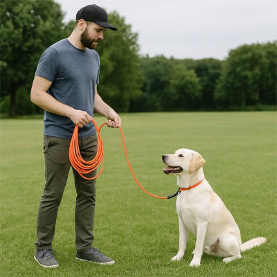 chien au parc en séance de dressage avec Longe chien Cani Lien Orange