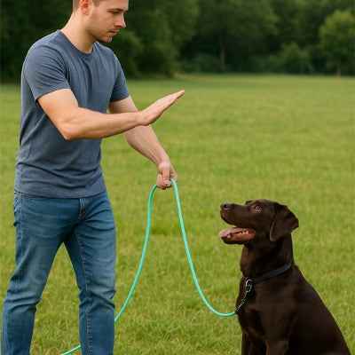 chien au parc en séance de dressage avec Longe chien Cani Lien verte