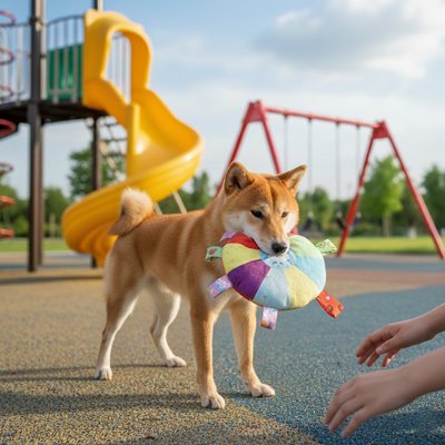 chien au parc jouant avec son jouet pour chien Teddy
