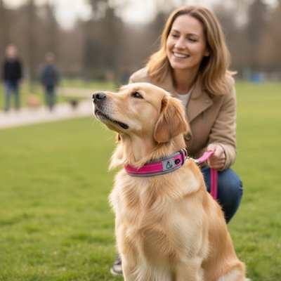 Chien avec collier pour chien Sécuri Chien Rose assis avec sa maitresse