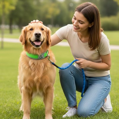 Chien avec collier pour chien Sécuri Chien vert assis avec sa maitresse