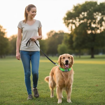 Chien avec collier pour chien Sécuri Chien vert assis avec sa maitresse