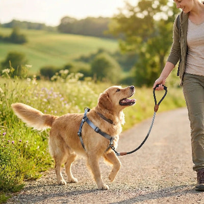 chien avec harnais chien confort leger premium gris avec sa maitresse