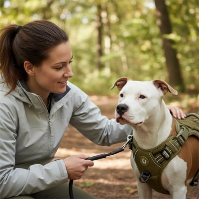 Chien avec sa maitresse avec harnais pour porter un chien Liberté sécurisée kaki