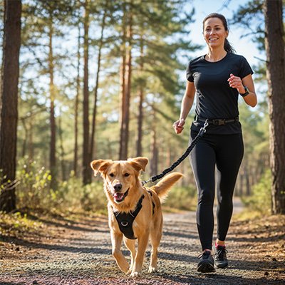 Chien avec sa maitresse courant en forêt en laisse canicross Course Nature noir