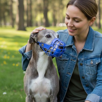 Chien avec sa maitresse en muselière pour chien​ Protection Ultime bleu