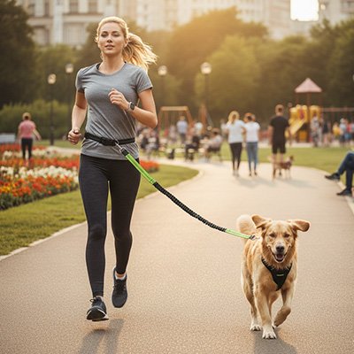 Chien avec sa maitresse faisant un footing en laisse canicross Course Nature vert