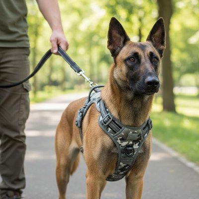 Chien avec son maitre avec harnais pour porter un chien Liberté sécurisée vert armée