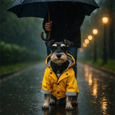 Chien avec son maitre avec imperméable pour chien​ Ciré Marin jaune sous la pluie