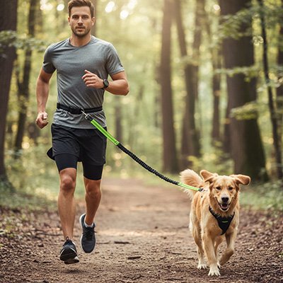 Chien avec son maitre courant en forêt en laisse canicross Course Nature noir