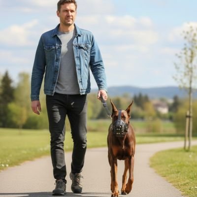 chien avec son maitre en promenade  en muselière AeroSecur noir