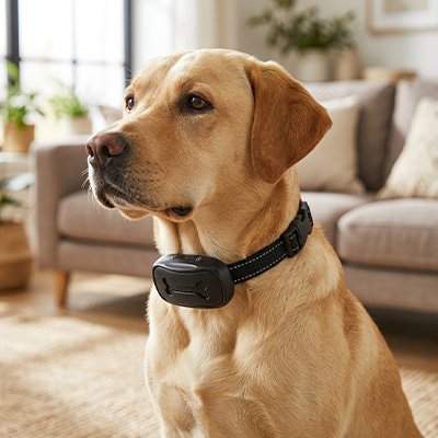 Chien avec un chien collier de dressage Education Canine noir assis dans le salon