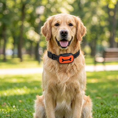 Chien avec un chien collier de dressage Education Canine orange assis au parc