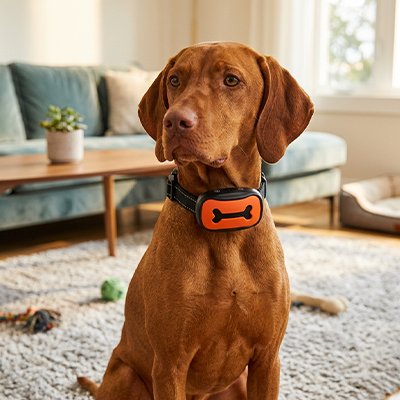 Chien avec un chien collier de dressage Education Canine orange assis au salon