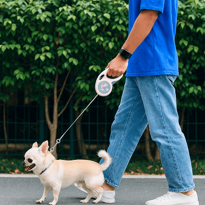 chien blanc en promenade en laisse pour chien avec son maitre