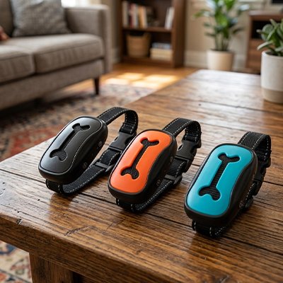 Chien collier de dressage Education Canine noir, bleu et orange sur une table