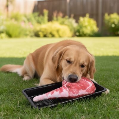 chien couché dans l'herbe jouant avec son jouet Chien indestructible Festin Canin Cotelette
