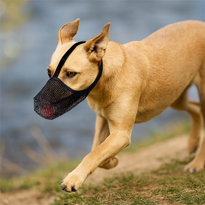 chien courant au bord de la rivière avec muselière chien Air Calm noir