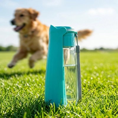  Chien courant dans l'herbe devant une gourde Chien Patte Soif bleu
